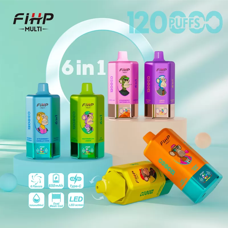 FIHP 6 IN 1 120000 – 120K Puffs 64ml LED display Disposable Vape - 120000 puffs; Vape Product, Vape Product; Aloe Lychee Ice & Pink Lemon & Glacier Ice & Pine Needle Mint & Black Currant Ice
