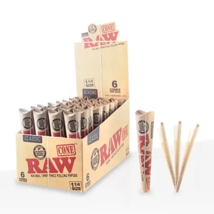 RAW® | Pre-Rolled Cones Classic 1¼ 6-Pack | 84mm – Unbleached – 32 Count