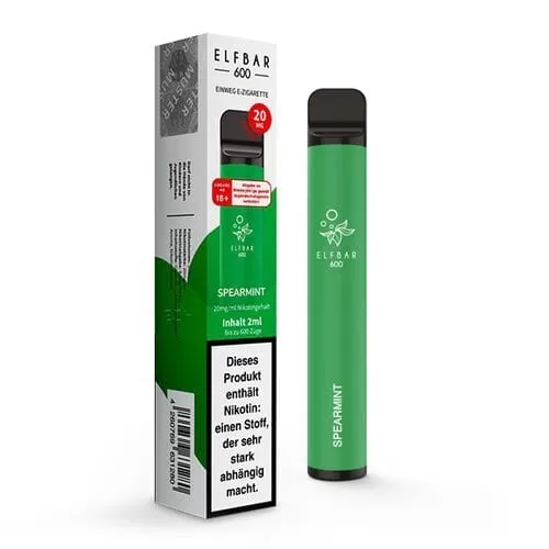 ELF BAR 600 – Spearmint - Minze / Elf Bar / 20mg/ml / 550 mAh / Propylenglykol / Glycerin / Aromastoffe / Nikotin-Benzoat / ca. 600