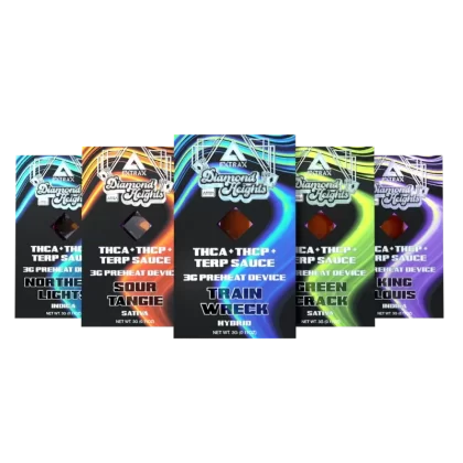Delta Extrax THCa Terp Sauce 3G Disposable | Diamond Heights - flavor#King Louis (Indica)>Northern Lights (Indica)>Trainwreck (Hybrid)>Sour Tangie (Sativa)>Green Crack (Sativa)