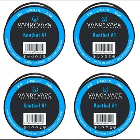 Vandy Vape Kanthal A1 Wire - resistance#22g 1.52ohm/ft – 15ft spool>24g 2.2ohm/ft – 30ft spool>26g 3.45ohm/ft – 30 ft spool>28g 5.73ohm/ft – 30ft spool>40g 96.3ohm/ft – 100ft spool (82458D)