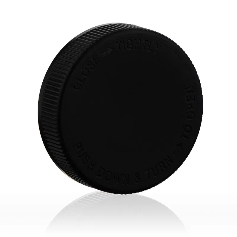 Child Resistant Plastic Caps | Debossed Ribbed w/ Foam Liner | 63mm – Black