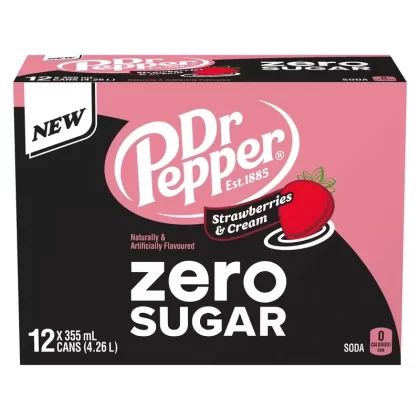 Dr Pepper Soda Zero Sugar Strawberries & Cream, 12-Pack, 355 ml