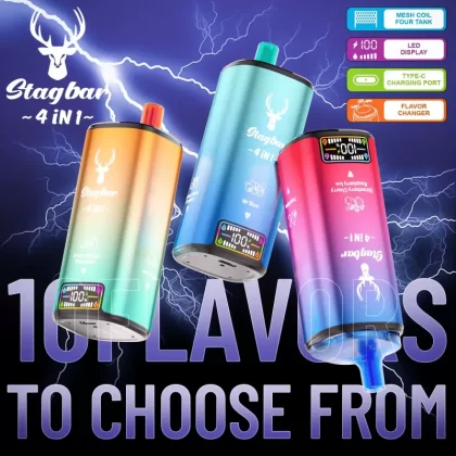 STAG BAR 4 In 1 80000 – 80K Puffs 4 × 18ml LED display Disposable Vape - 80000 puffs; Vape Product; Banana Strawberry & Strawberry Grape & Red Bull & Double Apple, Blue Razz Fusion & Pineapp