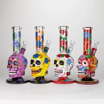 10″ Sugar Skull-Themed Glass Bong - Option1#Yellow>Pink>White>Red