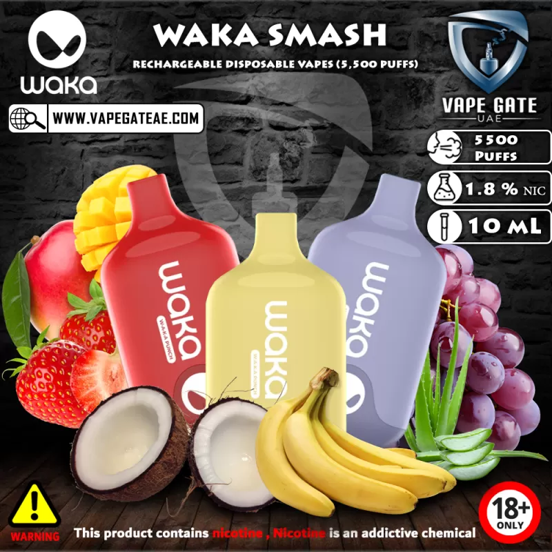 WAKA SMASH RECHARGEABLE DISPOSABLE VAPES (5,500 PUFFS) - 1.8 mg (18mg) / Aloe Grape