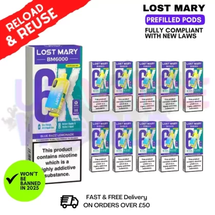 Blue Razz Lemonade Lost Mary BM6000 Replacement Pods BOX OF 10