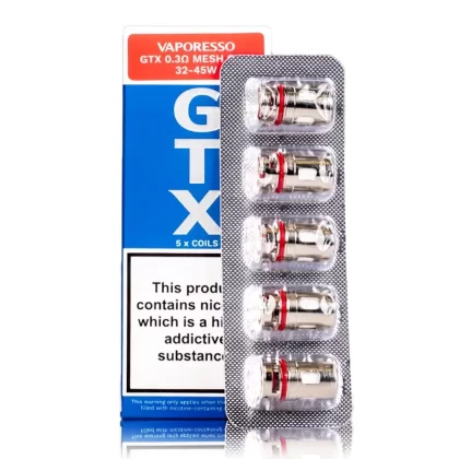 GTX Coils - Resistance#.2 Mesh (45-60w) 5 pack>.3 Mesh (32-45w) 5 Pack>GTX 1.2 Ω Mesh (8-12w)>GTX 1.2 Ω Mesh (7-11w)>GTX 0.6 Ω Mesh (20-30w)>GTX 0.8 Ω Mesh (12-20w)