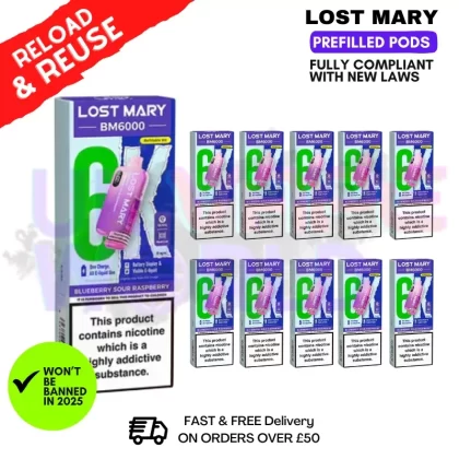 Blue Sour Raspberry Lost Mary BM6000 Replacement Pods BOX OF 10