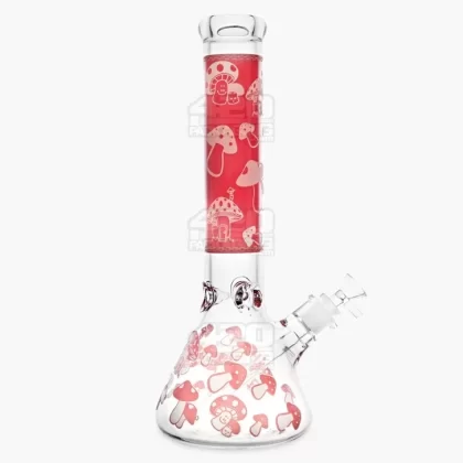 Straight Neck Mushroom Decal Glass Beaker Water Pipe w/ Ice Catcher | 14in Tall – 14mm Bowl – Red