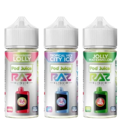 Pod Juice RAZ Disposable Collab E-juice 100ml (Freebase) - Flavor#Jolly Blue Razz Ice>Watermelon Skittz>Tropical Vice City Ice>Pink Burst Chew>Jolly Watermelon>Blue Razz Cotton Clouds>Strawb (3C2DF5)