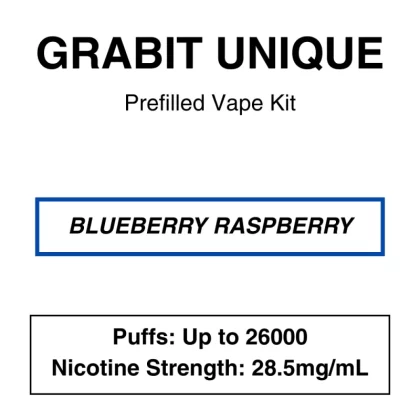 Grabit – Unique 26K – Prefilled Vape Kit – Blueberry Raspberry – 26000 Puffs – 28.5mg/mL Nicotine