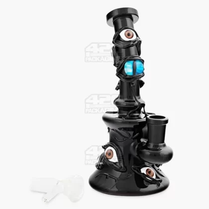 Bent Neck Demon Eyes Glass Beaker Water Pipe w/ Showerhead Perc | 7in Tall – 14mm Bowl – Black