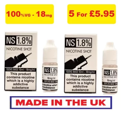 NS Nicotine Shots 18mg – 100%VG Nic Shots For Cloud Chaser - Vape Product; C. 15mg, E. 18mg; 100X 10ml (wholesale), 10X 10ml