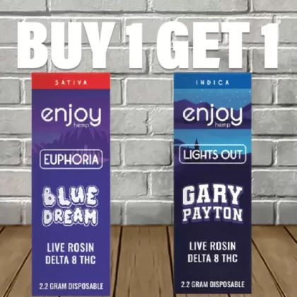 B1G1 Enjoy Hemp Live Rosin Delta 8 Disposable Bundle - strain#Garlic Cookies (Indica) DISPOSABLE>Blue Dream (Sativa) DISPOSABLE>Gary Payton (Indica) DISPOSABLE (BA80FB)
