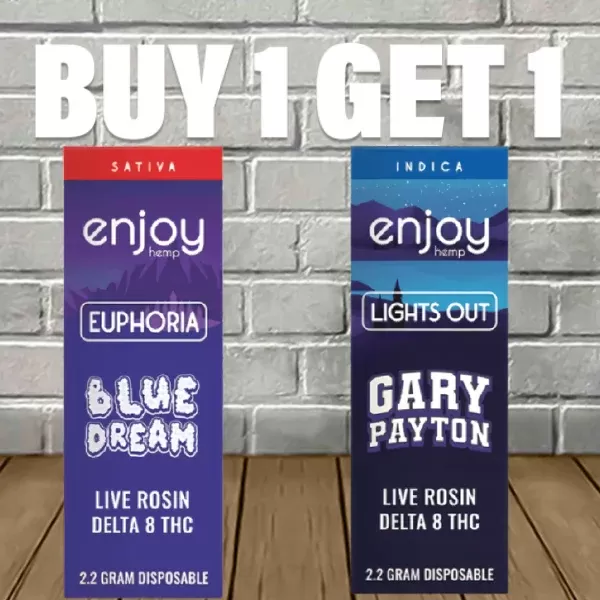 B1G1 Enjoy Hemp Live Rosin Delta 8 Disposable Bundle - strain#Garlic Cookies (Indica) DISPOSABLE>Blue Dream (Sativa) DISPOSABLE>Gary Payton (Indica) DISPOSABLE (BA80FB)