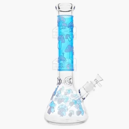 Straight Neck Mushroom Decal Glass Beaker Water Pipe w/ Ice Catcher | 14in Tall – 18mm Bowl – Blue