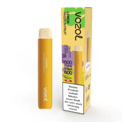Vozol Star 600 – Lemon Passion Fruit - Vozol / Zitrone / Passionsfrucht / Propylenglykol / pflanzliches Glycerin / Aromastoffe / Nikotinsalz / 500 mAh / 20mg/ml / ca. 600