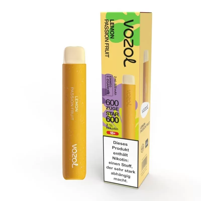 Vozol Star 600 – Lemon Passion Fruit - Vozol / Zitrone / Passionsfrucht / Propylenglykol / pflanzliches Glycerin / Aromastoffe / Nikotinsalz / 500 mAh / 20mg/ml / ca. 600