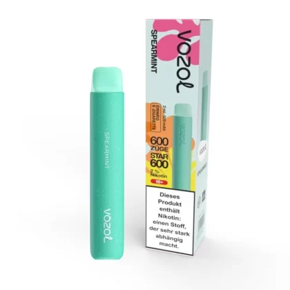 Vozol Star 600 – Spearmint - Vozol / Propylenglykol / pflanzliches Glycerin / Aromastoffe / Nikotinsalz / 500 mAh / 20mg/ml / ca. 600