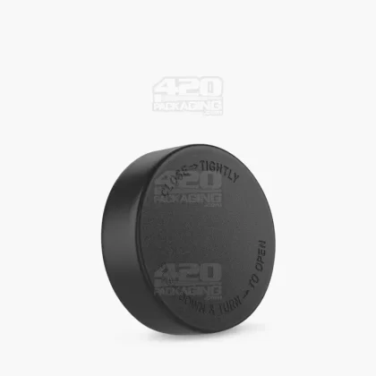 Child Resistant | Smooth Push Down & Turn Plastic Caps w/ Text & Foam Liner | 50mm – Matte Black – 100 Count