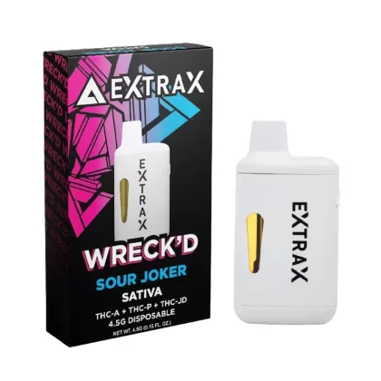 Extrax Wreckd THC-A + THC-P Vaporizer – 4500mg - Strain#Brainstorm Haze (S)>Mango Mania (S)>Medicine Man (H)>Purple Mayhem (I)>Sour Joker (S)