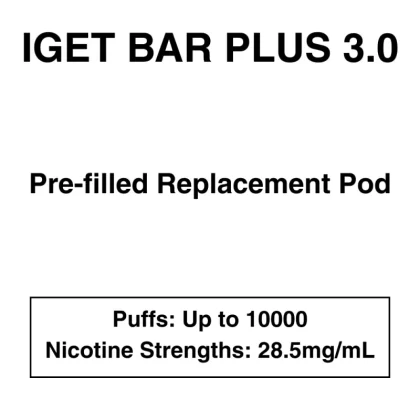 IGET Bar Plus 3.0 – Prefilled Replacement Pod – 28.5mg/mL Nicotine – Up to 10000 Puffs – 1 Pod - Apple Banana, Blueberry Cherry; Apple, Banana